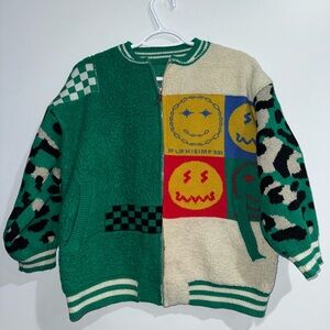 Rare Smiley Patchwork Knit Bomber Jacket Green Leopard Check Full Zip Streetwear